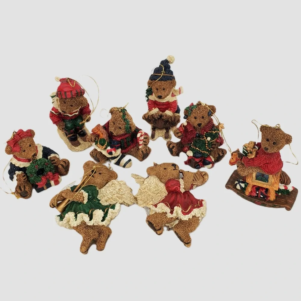 Christmas Teddy Bear 8pc Ornament Set Resin Angel‎ Skiing Sledding Holiday Decor